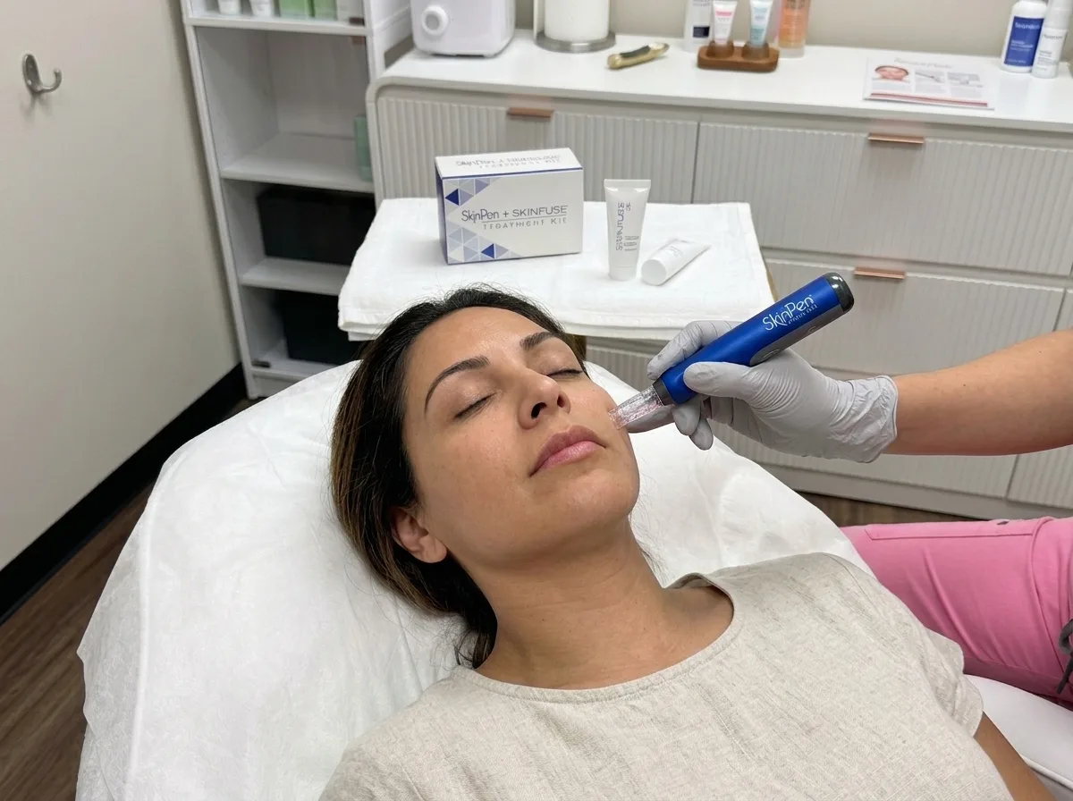 Client receiving a SkinPen microneedling treatment at Fresh Look by Eva in Pearland, TX